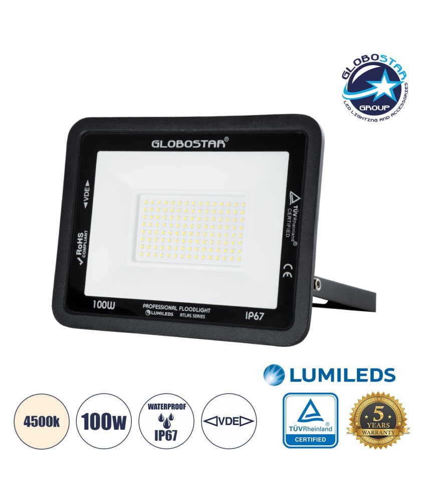 GLOBOSTAR® ATLAS 61426 Προβολέας LED 100W 12000lm 120° AC 220-240V Αδιάβροχο IP67 Φυσικό Λευκό 4500K - Lumileds SMD Chip - TÜV Rheinland Certified - Μαύρο Ματ - Μ27 x Π4 x Υ21cm - 5 Χρόνια Εγγύηση